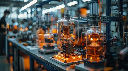 Industrial Innovation A research and development lab with various prototypes, showcasing the diversity of projects in industrial innovation. Realistic Photo,