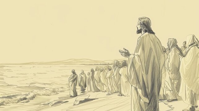 Jesus Speaking to the Crowds on the Shores of Galilee, Biblical Illustration of Teaching and Inspiration, Ideal for Religious article