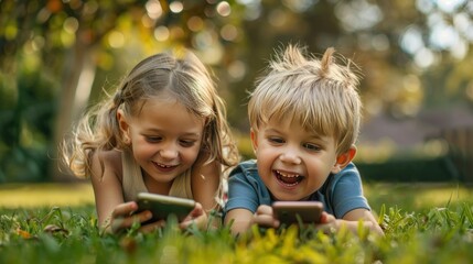 Little boy and girl lying smiling looking at their phone on the grass in the park