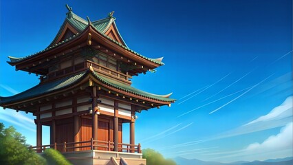 Fototapeta premium the old Japanese temple in left corner with clear blue sky background