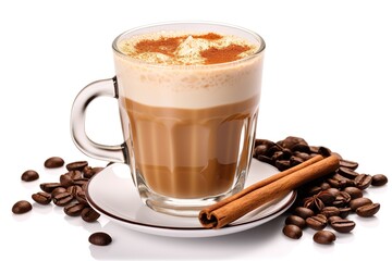Hot Cappuccino coffee in a clear glass on a white background with coffee beans.