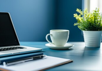 Photo of a blue desk with an open laptop, notebook and coffee cup on it. Web banner with available space on the right