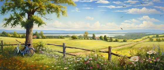 Fototapeta premium bicycle parked by a large tree. Rural landscape. Surrounded by lush green fields, seasonal fields, natural mountains. banner