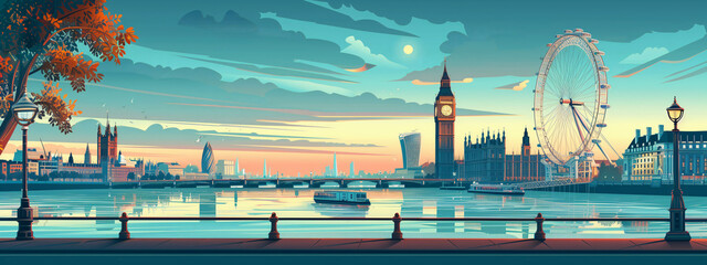 Artistic illustration of london skyline featuring iconic landmarks during twilight with serene thames river reflecting the picturesque city view