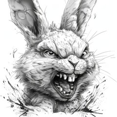 Black and white sketch of an angry rabbit with sharp teeth and intense expression, dynamic and fierce animal illustration.