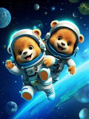 Adorable cartoon bears in astronaut suits explore the vibrant galaxy, floating in space with planets and stars in the background.