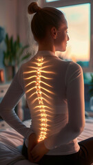 Young Woman with Highlighted Spine Illustration Experiencing Back Pain in Cozy Living Room