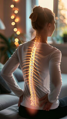 Young Woman with Highlighted Spine Illustration Experiencing Back Pain in Cozy Living Room