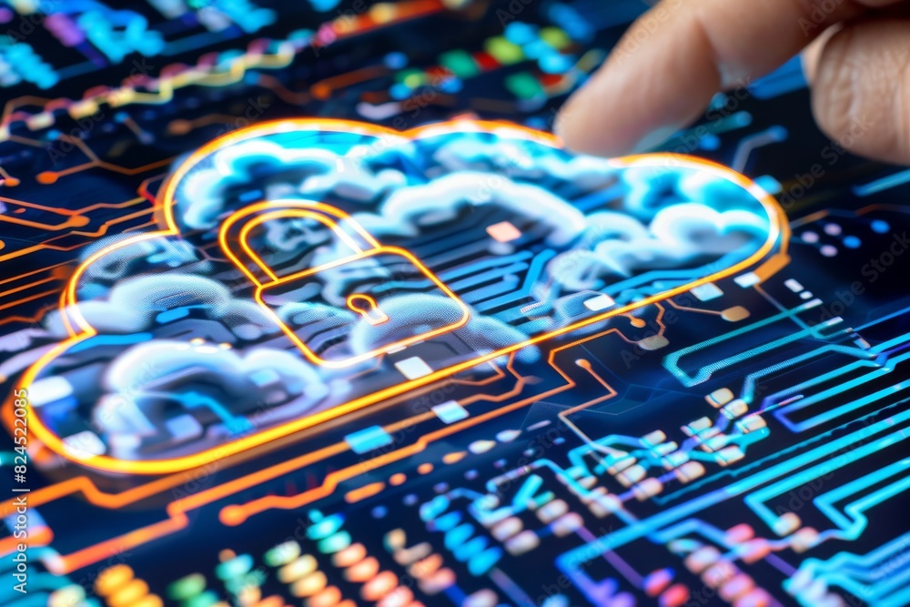 Aufkleber hand interacting with a holographic cloud padlock icon in a digital network environment with golden 