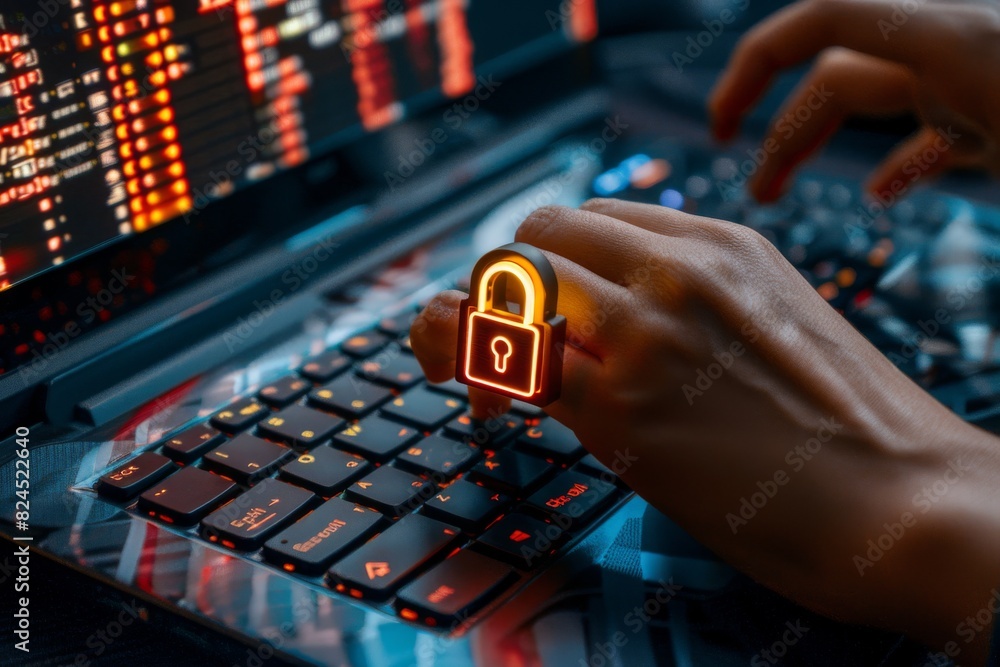 Poster neon pink padlock icon on a digital network interface being touched by a hand in a high tech environ