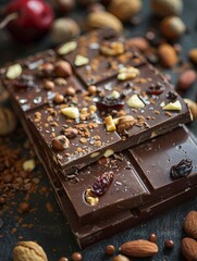 Detailed close-up of a chocolate bar with nuts, showcasing rich textures and natural ingredients, appealing and appetizing. Generative AI