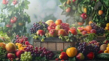 Abundant harvest of fresh, colorful fruits in wooden crates on a farm, showcasing nature's bounty in a rustic and vibrant setting.