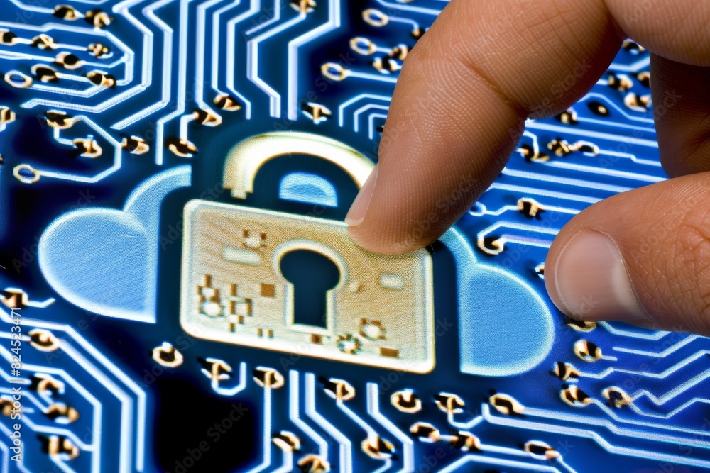 Aufkleber hand interacting with a glowing blue cloud padlock icon on a digital network interface in a high tec
