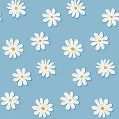 Seamless pattern with white chamomiles on light blue background. Vector floral illustration for textile, print, wallpapers, wrapping.
