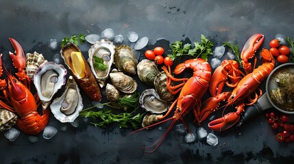 Elegant Assortment of Seafood Delicacies with Lobster on Dark Backdrop