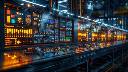 Industrial Innovation A smart factory control room with real-time data monitoring, highlighting the use of big data in industrial management. Realistic Photo,