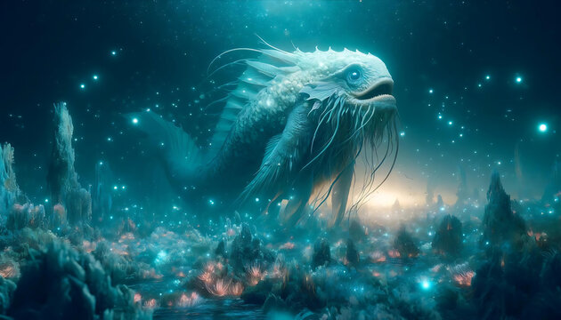 Mystical Leviathan: A surreal, full-body depiction of a rare, mystical leviathan with scales that glisten like the ocean depths. The leviathan swims through a surreal underwater