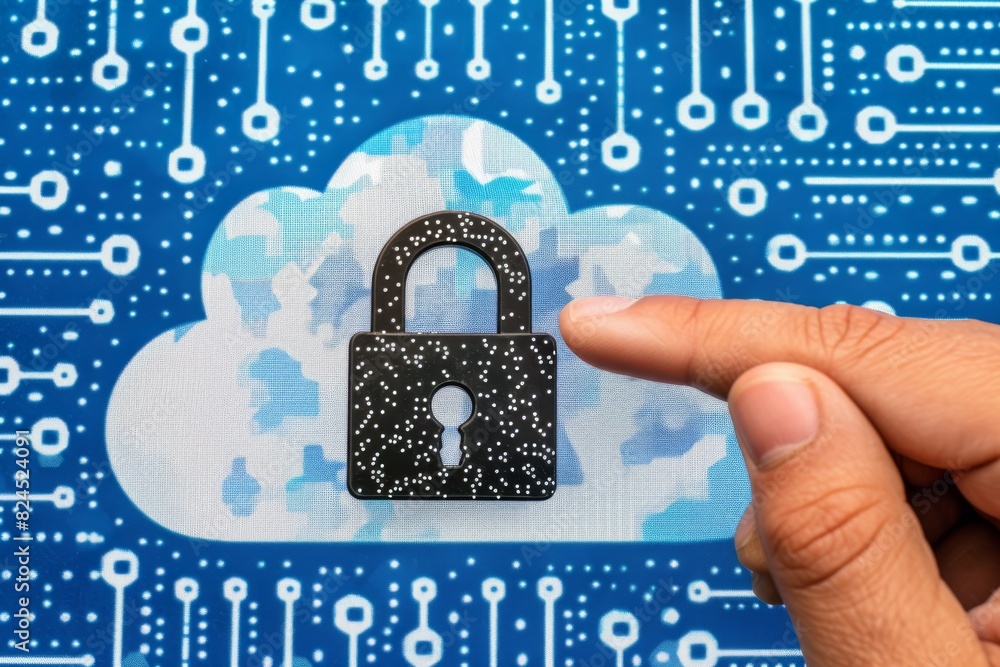 Poster hand touching a padlock icon on a cloud shaped circuit board in a high tech security setup