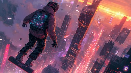 A futuristic cyber thief in a neon-lit cityscape, escaping on a hoverboard with a bag of digital coins, glowing circuitry pattern on the bag, digital rain backdrop
