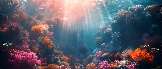 A vibrant coral reef scene underwater with various fish, displaying the beauty of marine life