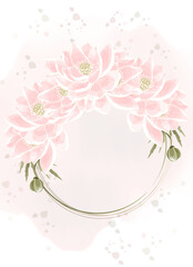 Round frame of golden lines decorated with pink lotuses. Delicate design for holiday cards, wedding invitations and brochures with space for text. 