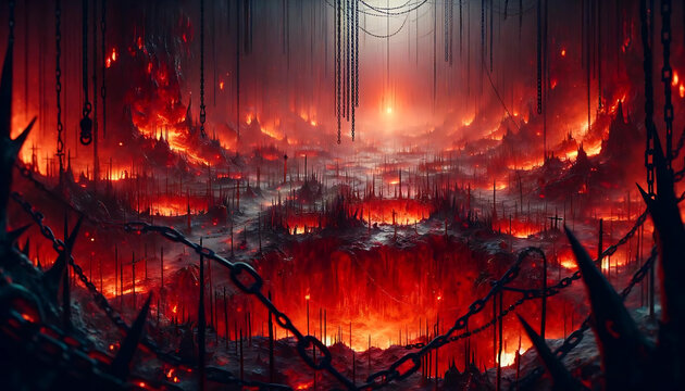 A haunting landscape filled with torture chambers and fiery pits. Chains and thorns adorn the landscape. The eerie red light cast deep, unsteady shadows.