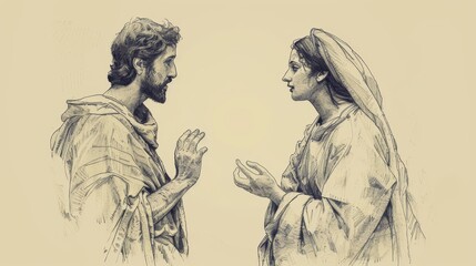 Fototapeta premium Jesus' Interaction with the Man with the Withered Hand, Biblical Illustration of Healing and Compassion, Ideal for Inspirational and Devotional Use