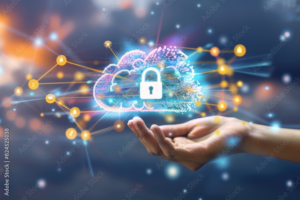 Poster hand presenting a holographic cloud network with padlock security features in a futuristic digital s