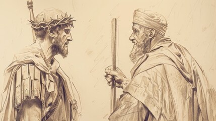 Fototapeta premium Jesus and the Roman Centurion at the Crucifixion, Biblical Illustration of Faith and Acknowledgment, Ideal for Religious article