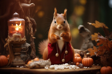 A squirrel is sitting on a table with a pumpkin and a lantern - Powered by Adobe