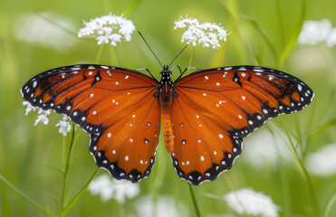 A vibrant photograph of an orange butterfly with black dots. Crated with Ai