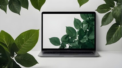 Green leaves on a white background, a laptop mockup using generative AI