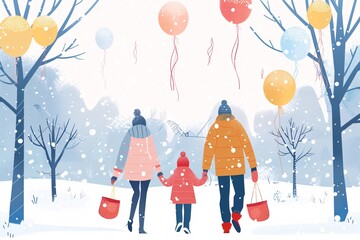 a group of people walking in the snow with balloons