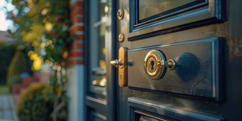 Close-up of a stylish black wooden front door with a shiny brass doorknob and lock set, set against a blurred outdoor background.
