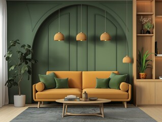 Stylish living room featuring a yellow sofa, green pillows, and pendant lights against a green wall.