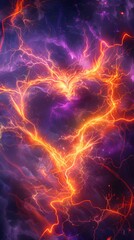 purple and orange lightning background, fire texture, energy sparks with a heart shape