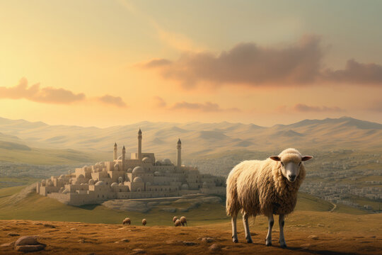 The sheep is a symbol of the Muslim animal. Eid al adha. Arafat day. Sacrifice. Banner. Copy space