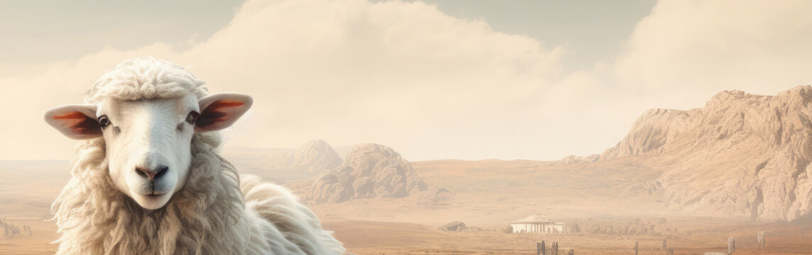 The sheep is a symbol of the Muslim animal. Eid al adha. Arafat day. Sacrifice. Banner. Copy space