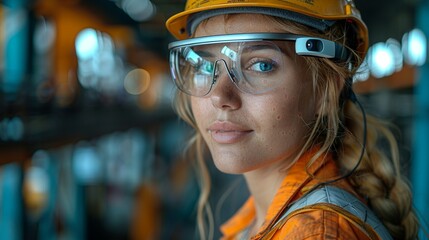 Industrial Innovation A worker wearing augmented reality glasses, using AR to enhance industrial tasks and improve accuracy. Realistic Photo,