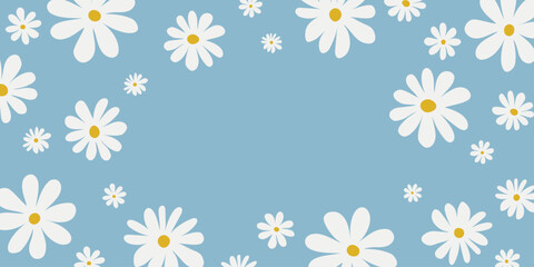 Floral background with white chamomiles on light blue background. cover design ,Vector floral illustration for social media, print, wallpapers, wrapping.