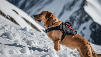 Service dog bloodhound in the snowy mountains.