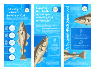 Cod food health benefits dieting superfood poster design template set vector flat illustration