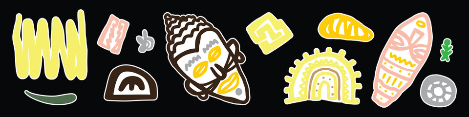 Obraz premium Abstract etnic sticker africa various bright doodle shapes and objects. Hand drawn Vector seamless Pattern. Background, wallpaper, Wrapping, textile template