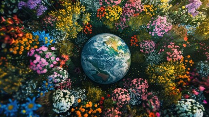 Obraz na płótnie Canvas Earth protection day planet earth is colorful green in the middle of a field of flowers