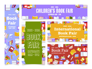 Children international book fair poster banner design template set isometric vector illustration