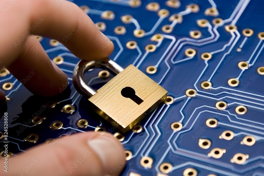 Poster neon pink padlock icon on a digital network interface being interacted with by a hand in a high tech