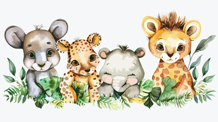 Watercolor Four of baby safari animals bedtime Vector