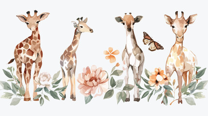 Watercolor Four of flower wreath and safari animals Vector