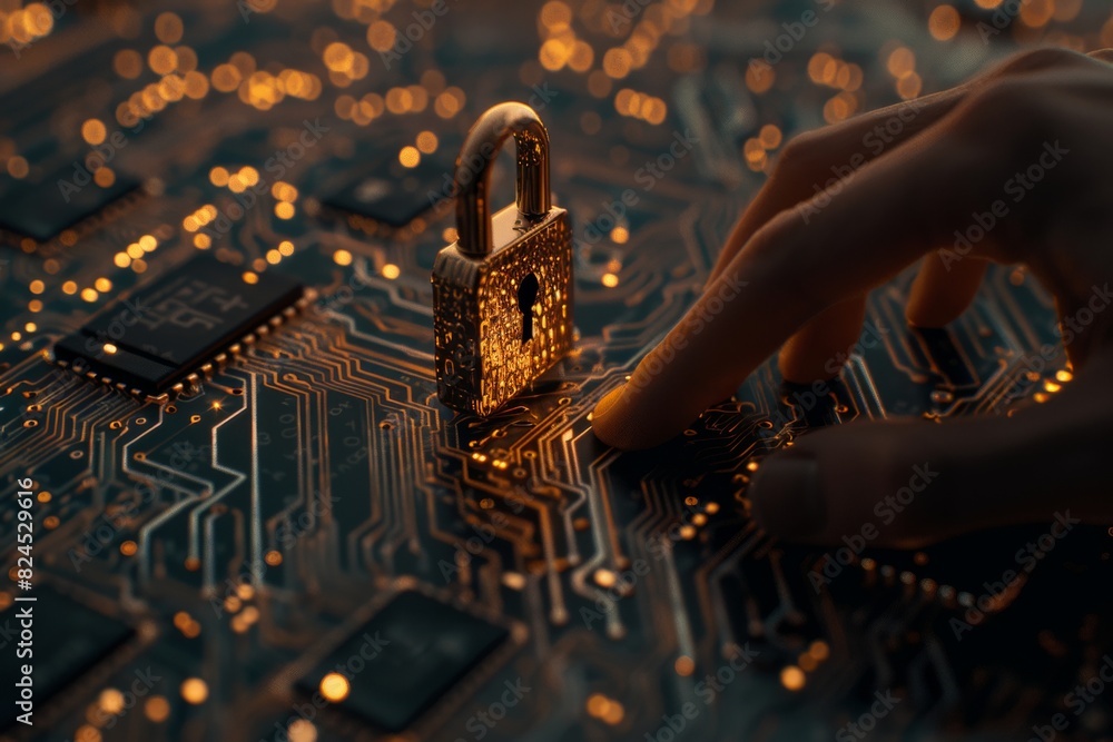Aufkleber hand interacting with a glowing blue cloud padlock icon on a digital network interface in a high tec