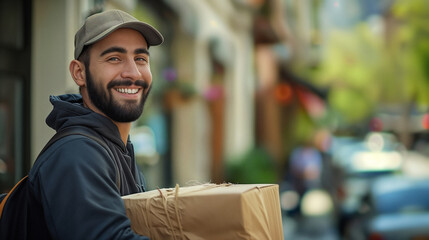 Smiling male courier holding a box. Delivery service. AI Generative